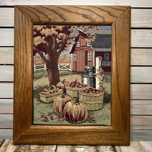 Vintage Harvest Barn Pumpkin Tapestry Framed Wall Art Farmhouse Cottagecore
